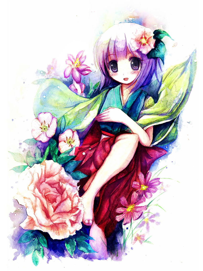 bad_id bad_pixiv_id barefoot blush flower hair_flower hair_ornament hand_on_own_chest hieda_no_akyuu highres japanese_clothes kimono leg_up looking_at_viewer missile228 open_mouth purple_eyes purple_hair sash short_hair smile solo touhou traditional_media watercolor_(medium) wide_sleeves