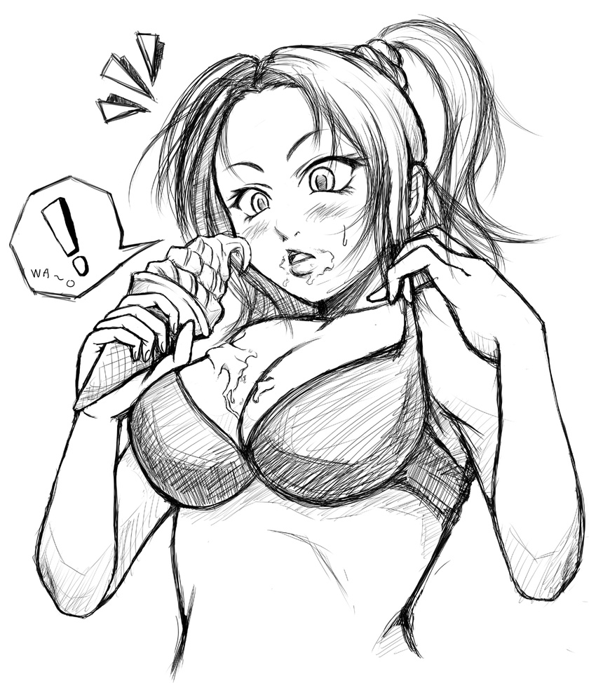 1girl alternate_hairstyle bad_id bad_pixiv_id bikini_top blush breasts dripping food greyscale hair_up highres ice_cream ice_cream_cone large_breasts monochrome ponytail solo tal_yuji vanessa_lewis virtua_fighter virtua_fighter_5 virtua_fighter_5:_final_showdown