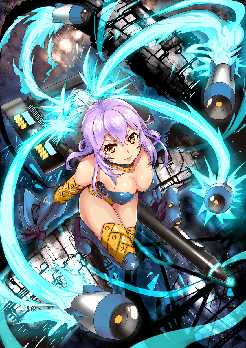 absurdres boots breasts cleavage gauntlets gun highres large_breasts missile original purple_hair realmbw solo thigh_boots thighhighs thighs wacom weapon yellow_eyes