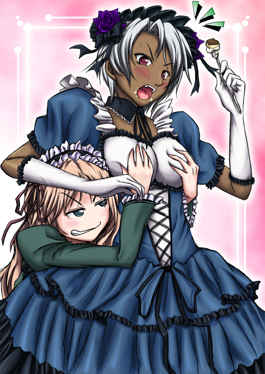 baldr_sky blonde_hair breast_grab breasts cake cream cream_on_face dark_skin detached_collar dress eating elbow_gloves food food_on_face fork gloves gown grabbing grabbing_from_behind green_eyes highres large_breasts maid_headdress multiple_girls noi_(baldr_sky) red_eyes shizel_steinbrecher short_hair silver_hair tal_yuji white_gloves