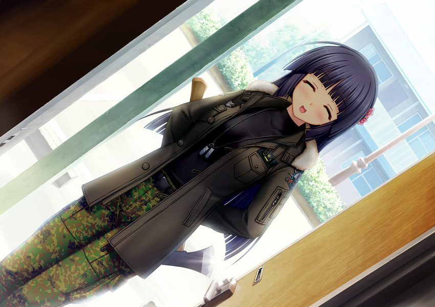 arms_behind_back axe black_hair black_shirt camouflage camouflage_pants closed_eyes collarbone dutch_angle eyebrows eyebrows_visible_through_hair game_cg hime_cut holding holding_weapon long_hair military military_uniform muvluv muvluv_alternative_chronicles open_mouth pants sendou_yuzuka shirt solo uniform weapon