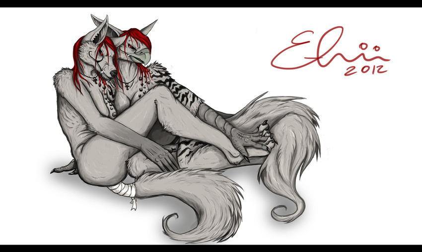 4_toes anthro avian breasts canine claws etrii eyes female fur grey_fur gryphon hair hindpaw hybrid mammal nude paws plain_background plantigrade red_hair sitting toes vampi white_background wolf