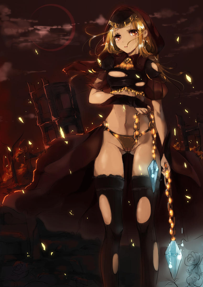 absurdres ass_visible_through_thighs blonde_hair brown_eyes cameltoe chain highres long_hair midriff navel odin_sphere solo thighhighs torn_clothes torn_legwear velvet_(odin_sphere) weapon zhu_fun