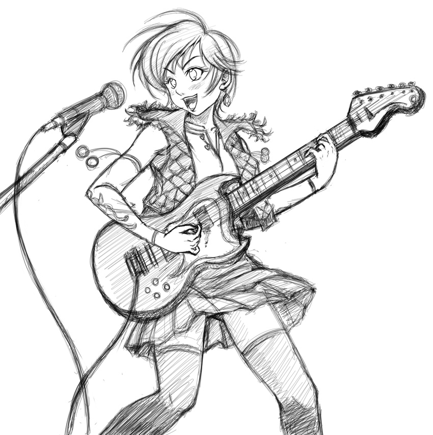 alternate_costume bad_id bad_pixiv_id detached_sleeves earrings eileen_(virtua_fighter) electric_guitar greyscale guitar highres instrument jewelry microphone microphone_stand miniskirt monochrome open_clothes open_mouth open_vest short_hair skirt tal_yuji thighhighs vest virtua_fighter virtua_fighter_5 virtua_fighter_5:_final_showdown