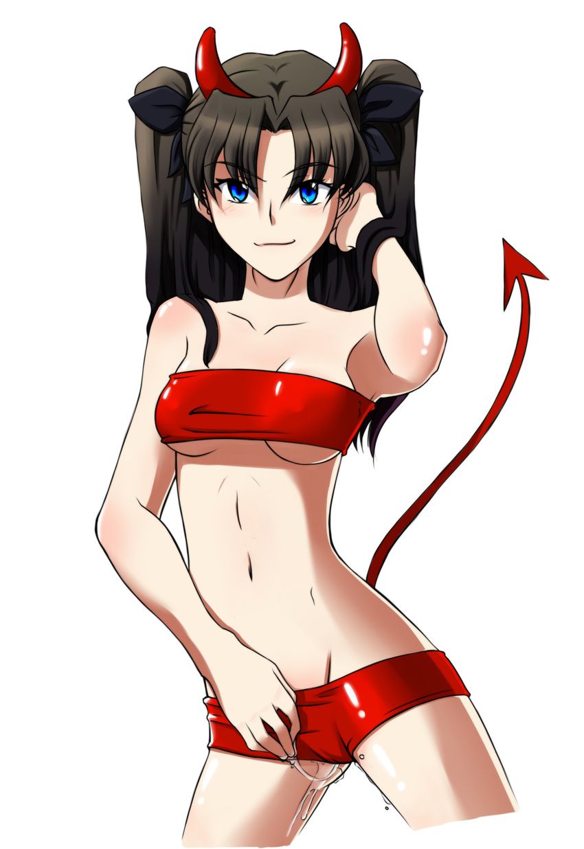 absurdres bare_shoulders blue_eyes breasts brown_hair cropped_legs demon_girl demon_tail fate/stay_night fate_(series) groin hair_ribbon hand_in_hair highres horns kuso_otoko looking_at_viewer lowleg lowleg_shorts medium_breasts midriff naughty_face navel pussy_juice pussy_juice_stain pussy_juice_trail ribbon short_shorts shorts simple_background solo strapless tail toosaka_rin tubetop two_side_up underboob wet wet_shorts white_background