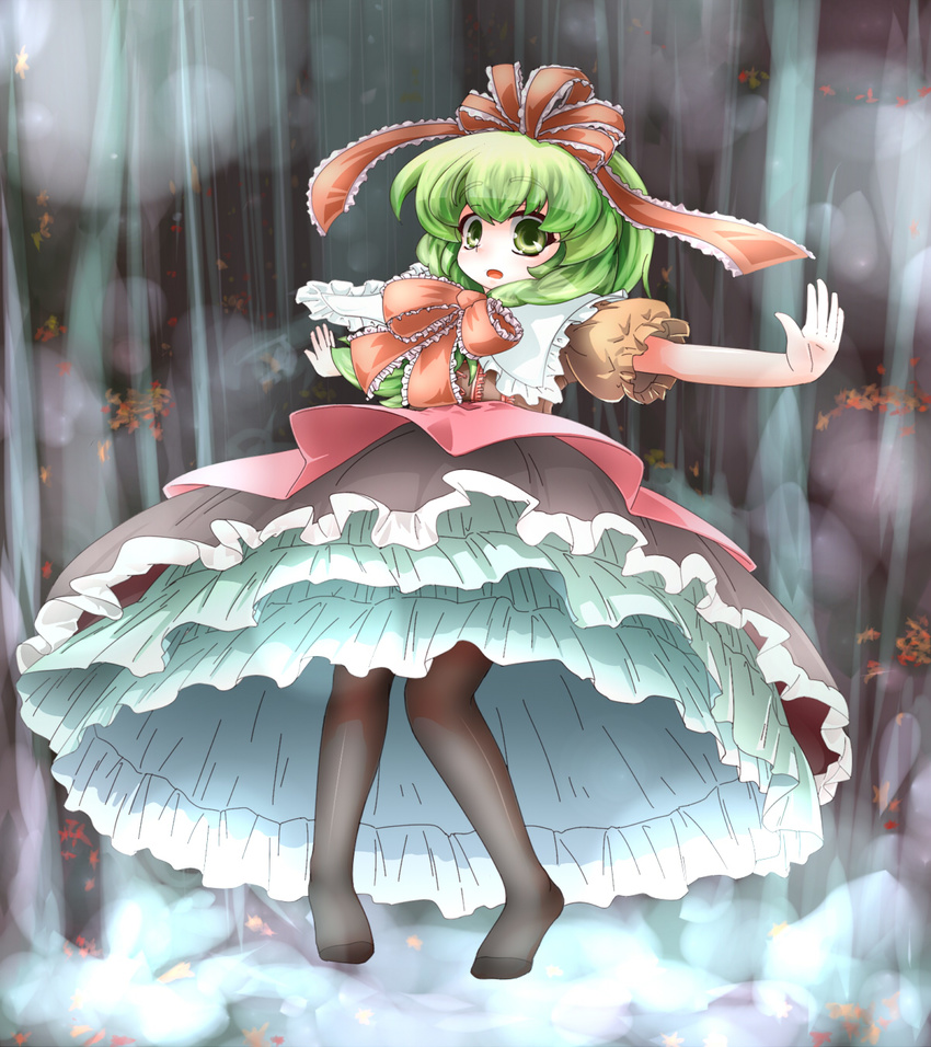 adapted_costume black_legwear bow dress front_ponytail green_eyes green_hair hair_bow hair_ornament hair_ribbon highres kagiyama_hina leaf long_hair open_mouth outstretched_arms pantyhose red_dress ribbon solo touhou