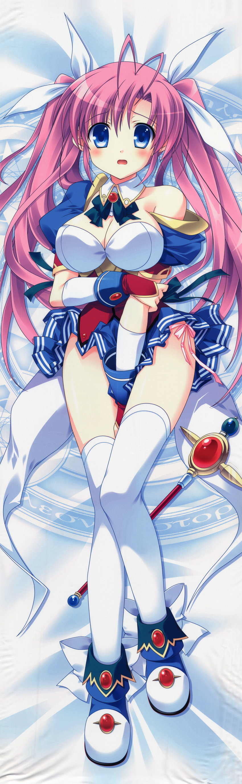 absurdres between_legs blue_eyes blush breasts cleavage d: dakimakura detached_collar full_body hand_between_legs higa_yukari highres huge_filesize large_breasts legs lying magical_girl momoe_konoka off_shoulder open_mouth pink_hair pratia solo staff thighhighs two_side_up white_legwear wrist_cuffs