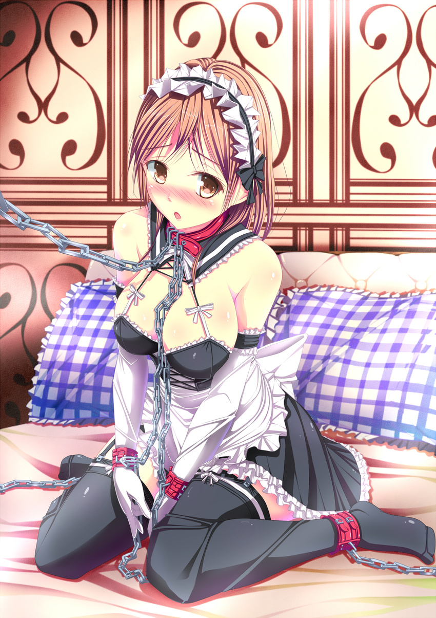 :o absurdres apron bdsm bed blush bondage bound breasts brown_eyes brown_hair chain collar cuffs cuffs-to-collar cyoppu elbow_gloves frills gloves highres large_breasts leash maid maid_headdress open_mouth original pillow skirt slave solo thighhighs