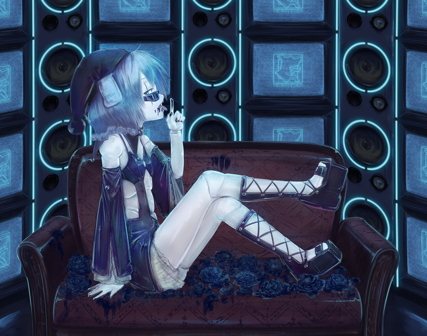 blue_eyes blue_hair boots couch cross-laced_footwear detached_sleeves fang finger_licking flower glasses hat highres jakku lace-up_boots licking original rose short_hair sitting solo speaker