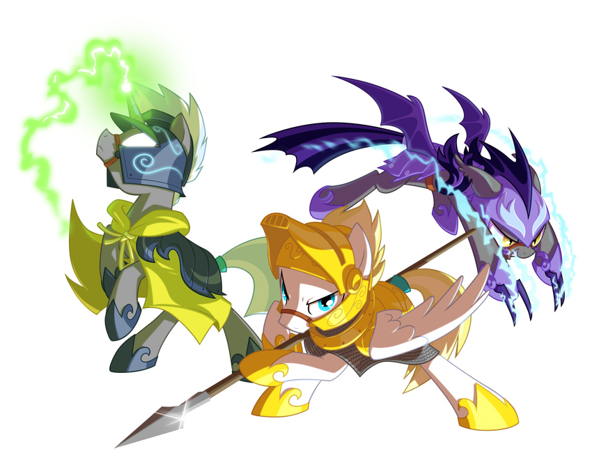 alpha_channel armor blonde_hair blue_eyes equestria-prevails equine feral friendship_is_magic glowing glowing_eyes group hair hi_res horn horse magic male mammal my_little_pony pegasus plain_background polearm pony royal_guard_(mlp) sparkle spear thestral transparent_background unicorn wings yellow_eyes