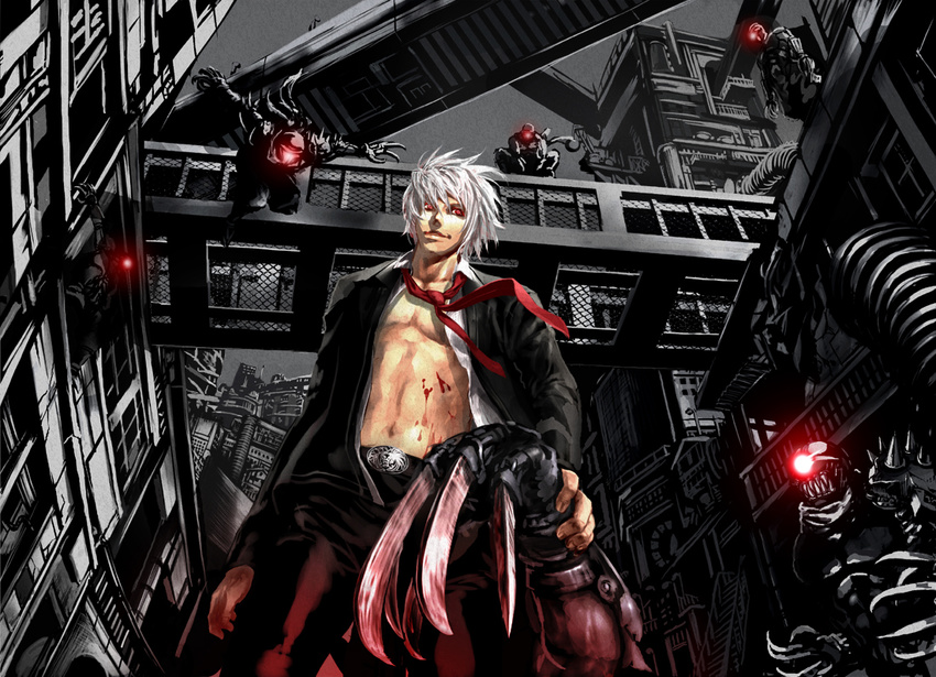 armor ninja open_shirt original red_eyes short_hair suit tie weapon white_hair