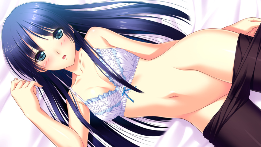 amasaka_takashi bed blush bra game_cg koi_mekuri_clover long_hair nopan pantyhose sakanoue_mikana underwear