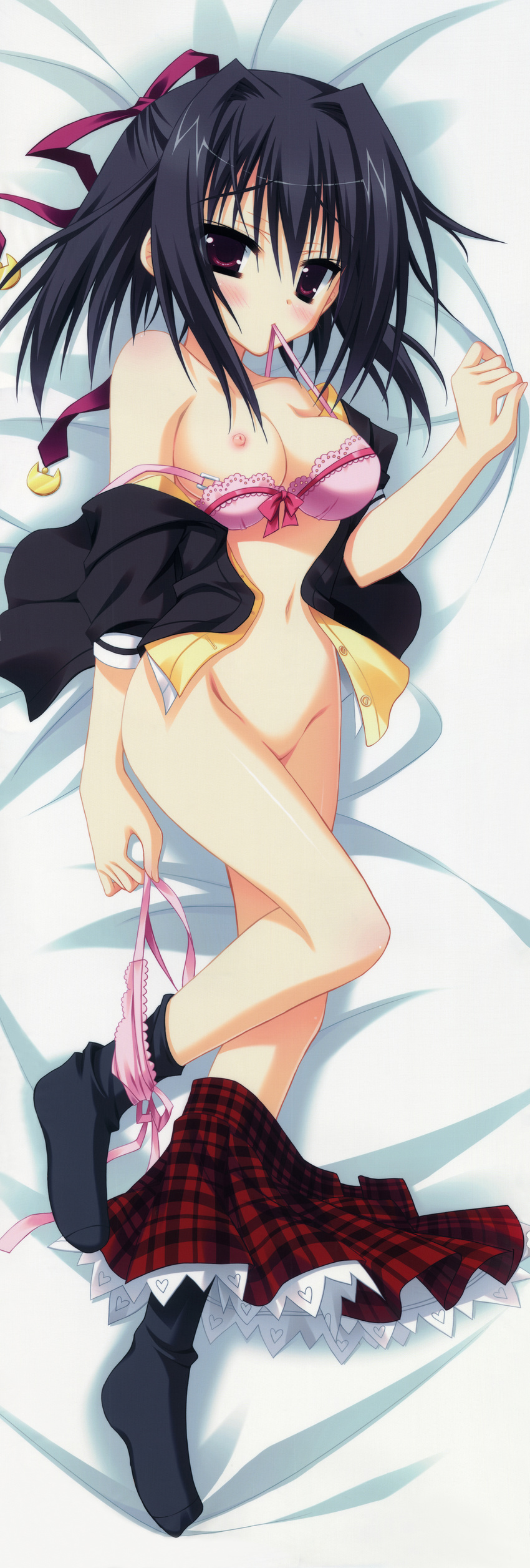 absurdres black_hair black_legwear bow bow_bra bra bra_pull breast_slip breasts chara_kore_gakuen dakimakura full_body hair_intakes hair_ribbon highres huge_filesize lying medium_breasts moribe_(rabumanyo) mouth_hold nipples one_breast_out panties panties_around_one_leg pink_bra pink_panties red_eyes ribbon short_hair side-tie_panties skirt skirt_around_one_leg skirt_pull socks solo underwear untied untied_panties