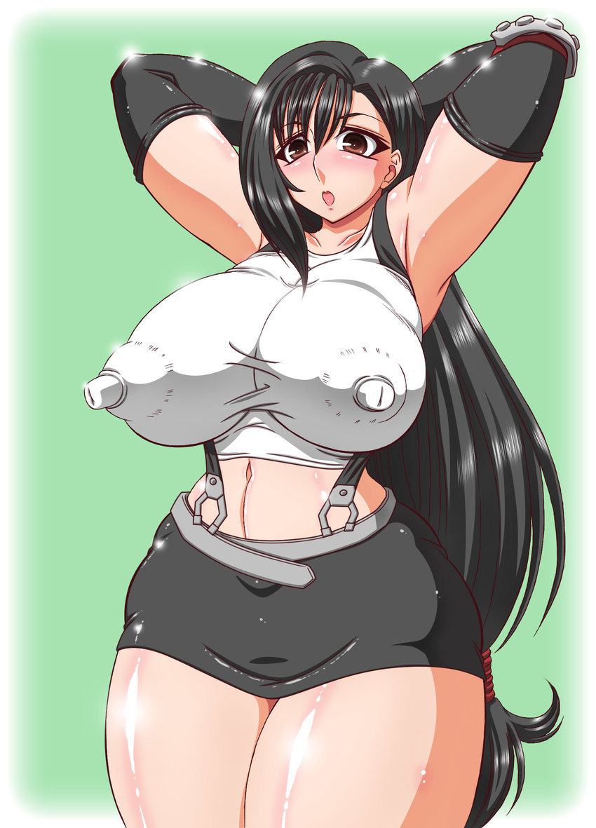 1girl armpits arms_behind_head black_hair braces breasts brown_eyes curvy elbow_gloves erect_nipples female final_fantasy final_fantasy_vii gloves hands_behind_head highres huge_breasts huge_nipples impossible_clothes impossible_shirt long_hair midriff miniskirt navel open_mouth plump puffy_nipples pussy shirt short_skirt simple_background skirt solo standing taut_clothes taut_shirt thick_thighs thighs tifa_lockhart wide_hips yukimaru_(gojo)