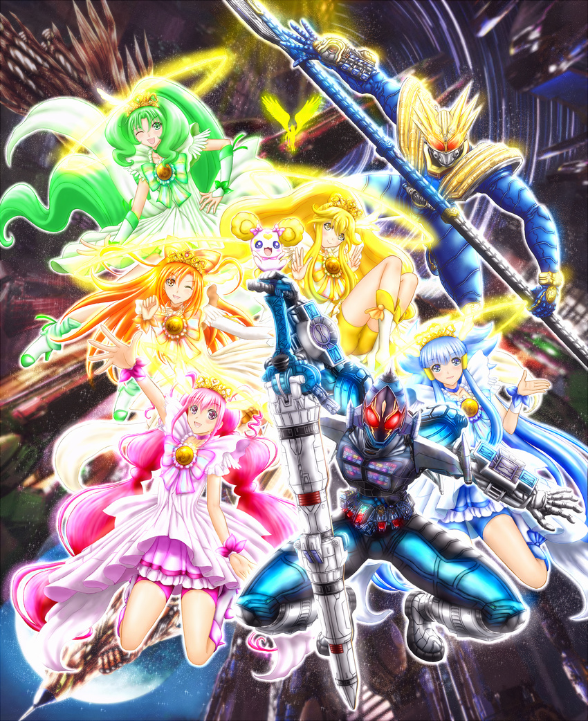 5girls absurdres aoki_reika baunzel belt bike_shorts blonde_hair blue_eyes blue_hair blue_skirt blush bow broom candy_(smile_precure!) choker cure_beauty cure_happy cure_march cure_peace cure_sunny double_v dress green_choker green_eyes green_hair hair_bow hair_flaps hair_tubes highres hino_akane_(smile_precure!) hoshizora_miyuki kamen_rider kamen_rider_fourze kamen_rider_fourze_(series) kamen_rider_meteor kise_yayoi long_hair mask midorikawa_nao multiple_boys multiple_girls one_eye_closed open_mouth orange_choker orange_dress orange_eyes orange_hair pink_bow pink_choker pink_eyes pink_hair pink_skirt precure princess_form_(smile_precure!) rod shorts skirt smile smile_precure! sword tiara v weapon wrist_cuffs yellow_eyes yellow_shorts