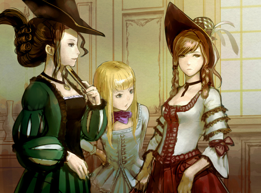 3girls blonde_hair blue_eyes bow brown_eyes brown_hair dress fan hat long_hair original ribbons