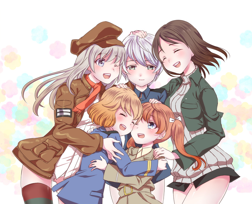 amelie_planchard blue_eyes brown_hair closed_eyes cropped_jacket francie_gerard green_eyes hair_ribbon hand_on_head hat hug isle_of_wight_detachment_group kadomaru_misa laura_toth military military_uniform multiple_girls no_pants one_eye_closed open_mouth orange_hair panties ribbed_sweater ribbon silver_hair smile strike_witches:_katayoku_no_majo-tachi striped striped_legwear sweater thighhighs totonii_(totogoya) twintails underwear uniform wilma_bishop world_witches_series