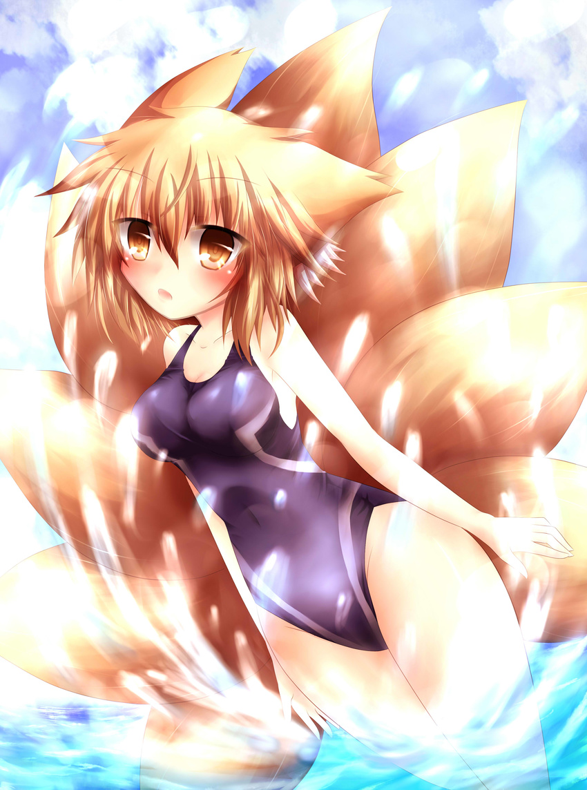 absurdres animal_ears blonde_hair brown_eyes competition_swimsuit fox_ears fox_tail highres multiple_tails one-piece_swimsuit puyopika solo swimsuit tail touhou yakumo_ran