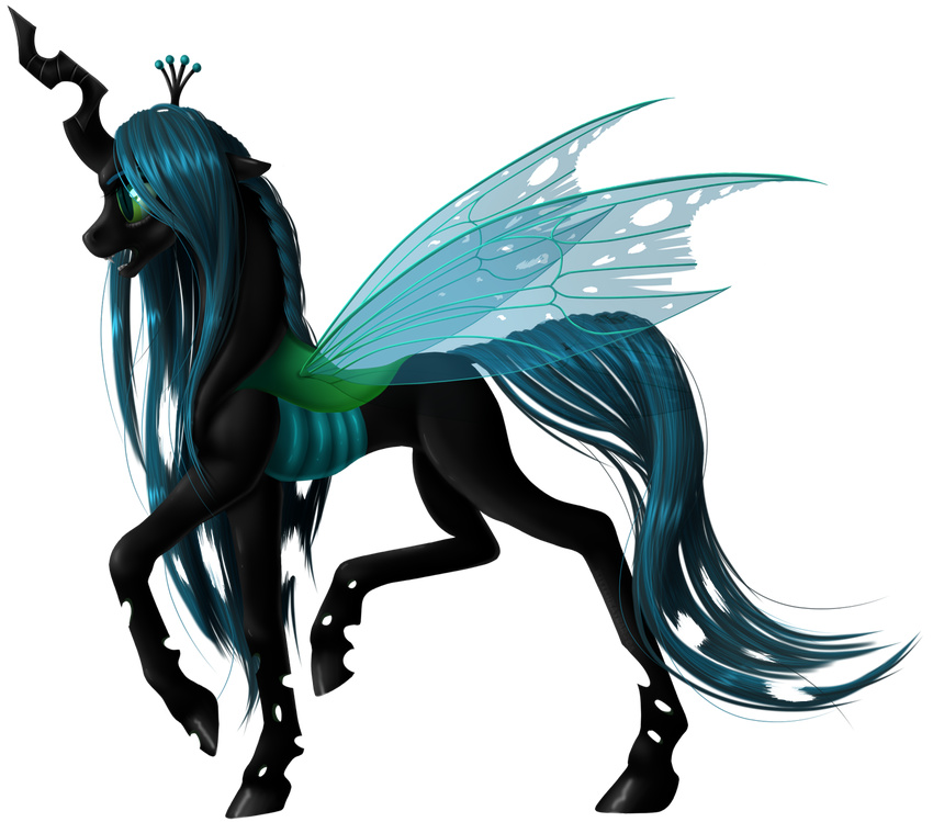 changeling fangs female feral friendship_is_magic green_eyes green_hair hair holes horn kittehkatbar long_hair my_little_pony plain_background queen_chrysalis_(mlp) solo transparent_background wings