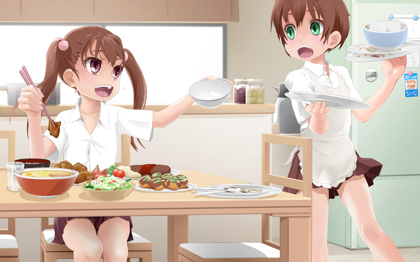 1girl androgynous apron blush bowl brother_and_sister brown_eyes brown_hair chopsticks commentary_request crossdressing food food_on_face green_eyes highres meat open_mouth original otoko_no_ko outstretched_arm plate salad school_uniform serving short_hair siblings skirt smile twintails yuki18r
