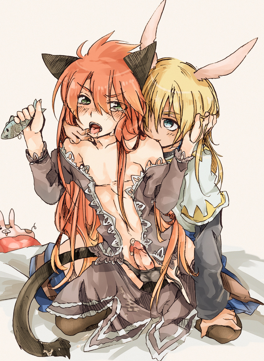 2boys animal_ears bite biting blonde_hair blue_eyes character_request crossdressing green_eyes highres luke_fon_fabre male male_focus multiple_boys penis peony_ix red_hair rinkashline tales_of_(series) tales_of_the_abyss trap yaoi