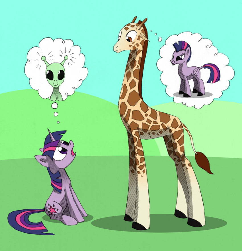 ambiguous_gender brown_eyes cutie_mark equine female feral friendship_is_magic giraffe hair horn horse mammal mohawk mountain multi-colored_hair my_little_pony outside pony purple_eyes sitting standing thought_bubble twilight_sparkle_(mlp) underpable unicorn