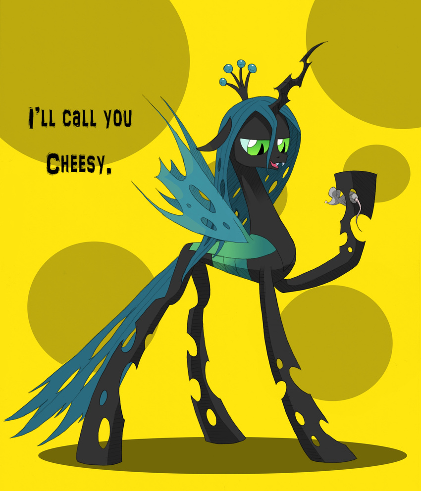 cheese english_text fangs female feral friendship_is_magic gree_hair green_eyes green_hair hair holes horn long_hair mammal mouse my_little_pony queen_chrysalis_(mlp) rodent swiss_cheese text underpable wings