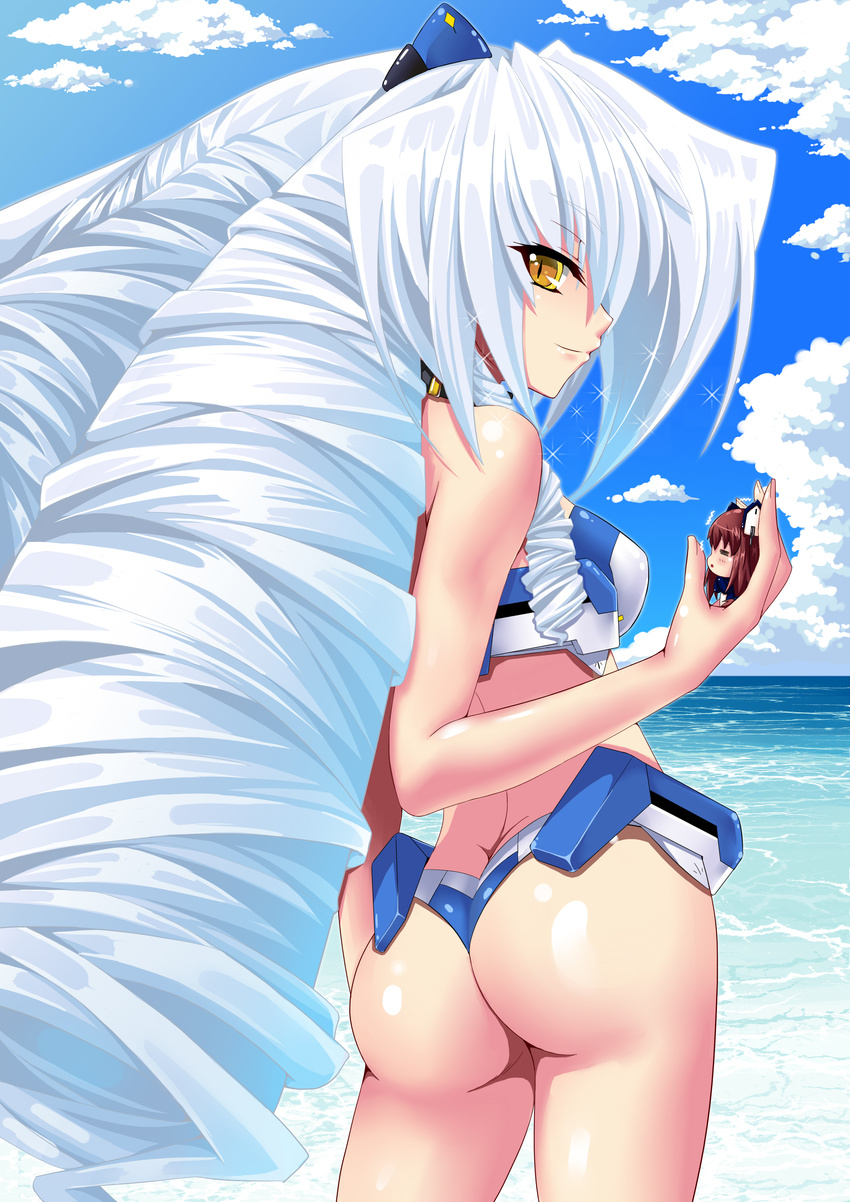 absurdres ass bad_id bad_pixiv_id big_hair bikini breasts cloud day drill_hair f._walsingham highres kyoukaisenjou_no_horizon long_hair medium_breasts minigirl mizutsuki_rei multiple_girls nate_mitotsudaira ocean silver_hair sky slit_pupils smile sparkle swimsuit trembling very_long_hair yellow_eyes