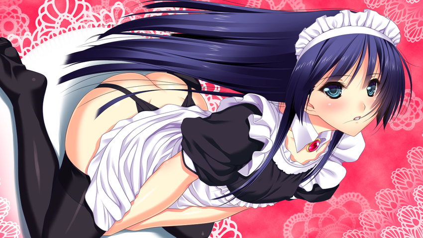 amasaka_takashi game_cg garter_belt koi_mekuri_clover long_hair maid nopan sakanoue_mikana stockings