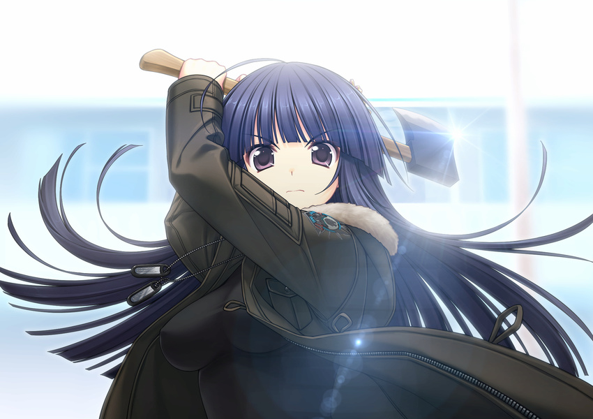 ahoge artist_request axe bangs blue_hair breasts covered_nipples dog_tags highres holding jacket jewelry long_hair looking_at_viewer medium_breasts muvluv muvluv_alternative necklace purple_eyes scan sendou_yuzuka solo sunlight upper_body weapon zipper