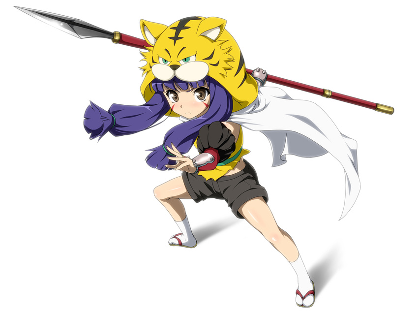 blue_hair brown_eyes duugii facial_mark fighting_stance highres long_hair maeda_inuchiyo oda_nobuna_no_yabou polearm sandals shorts solo spear tiger_hood weapon