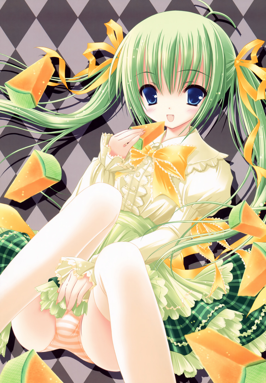 1girl :d absurdres argyle argyle_background blue_eyes bow dress eating food fruit green_hair hair_ribbon harukaze_setsuna highres knees_on_chest knees_together_feet_apart melon melon-chan melonbooks open_mouth orange_panties panties ribbon sitting smile spread_legs striped striped_panties thighhighs tinker_bell twintails two_side_up underwear white_legwear yellow_bow