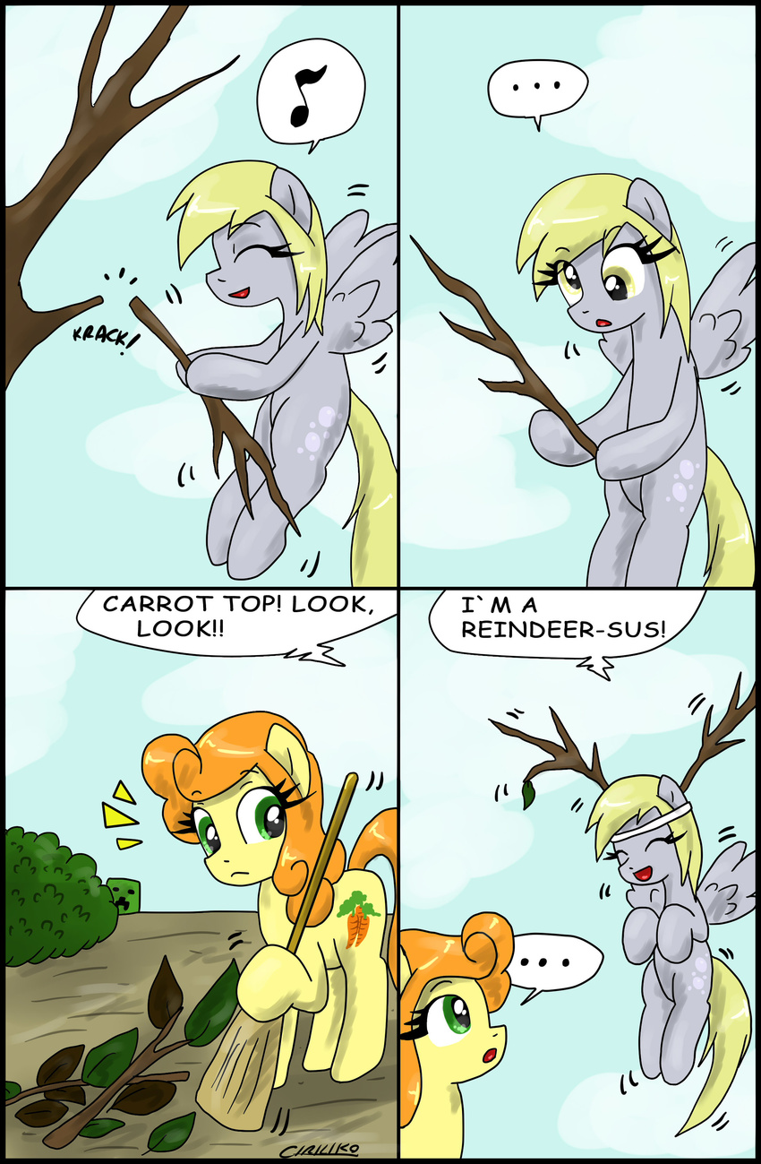 blonde_hair branch brush bush carrot_top_(mlp) ciriliko comic creeper cutie_mark derpy_hooves_(mlp) dialog dialogue english_text equine female feral friendship_is_magic green_eyes hair horse mammal minecraft my_little_pony orange_hair outside pegasus pony text tree video_games wings wood yellow_eyes