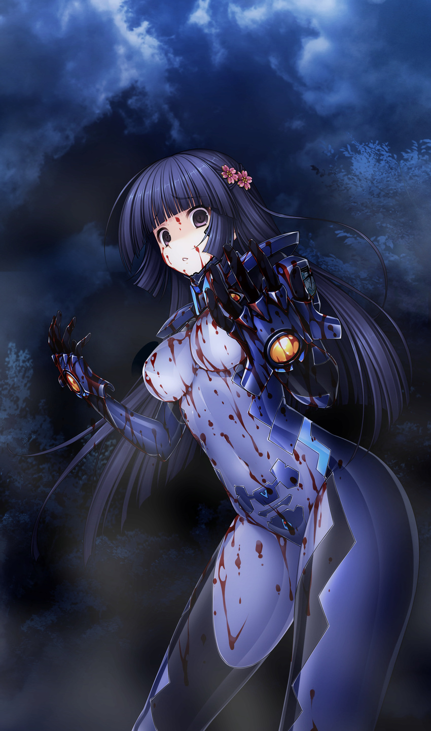 absurdres bangs blood blood_on_face bloody_clothes blue_hair bodysuit breasts cloud hair_ornament half_updo highres ishigaki_takashi leaning_forward long_hair medium_breasts muvluv muvluv_alternative night night_sky parted_lips pilot_suit purple_eyes scan sendou_yuzuka sky solo