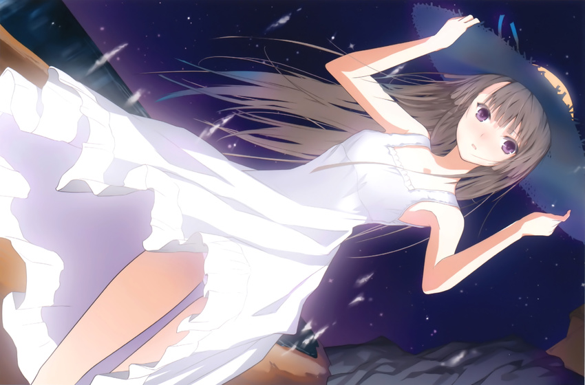 absurdres arms_up bare_shoulders black_hair dress dutch_angle fuyuno_haruaki glowing hat hat_ribbon highres long_hair looking_at_viewer night night_sky original purple_eyes ribbon scan sky solo star_(sky) starry_sky straw_hat sun_hat sundress white_dress wind wind_lift