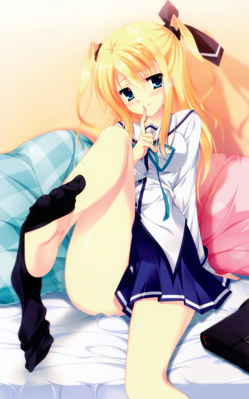 absurdres bag bed black_legwear blonde_hair blue_eyes da_capo da_capo_iii feet finger_to_mouth fingernails foreshortening highres kneehighs leg_lift long_fingernails long_hair looking_at_viewer morizono_rikka pleated_skirt scan school_bag school_briefcase school_uniform sitting skirt smile sock_dangle solo tanihara_natsuki thighhighs toes two_side_up