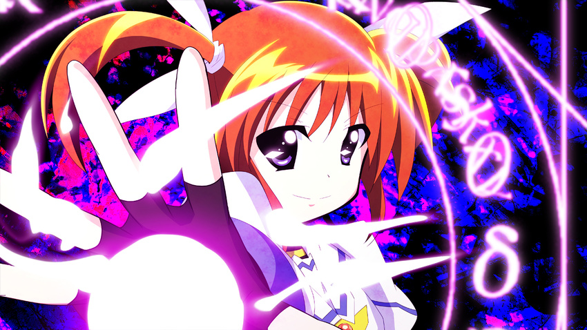 brown_hair fingerless_gloves gloves hair_ribbon lyrical_nanoha magic_circle mahou_shoujo_lyrical_nanoha mahou_shoujo_lyrical_nanoha_the_movie_1st purple_eyes ribbon rinon short_twintails smile solo takamachi_nanoha twintails