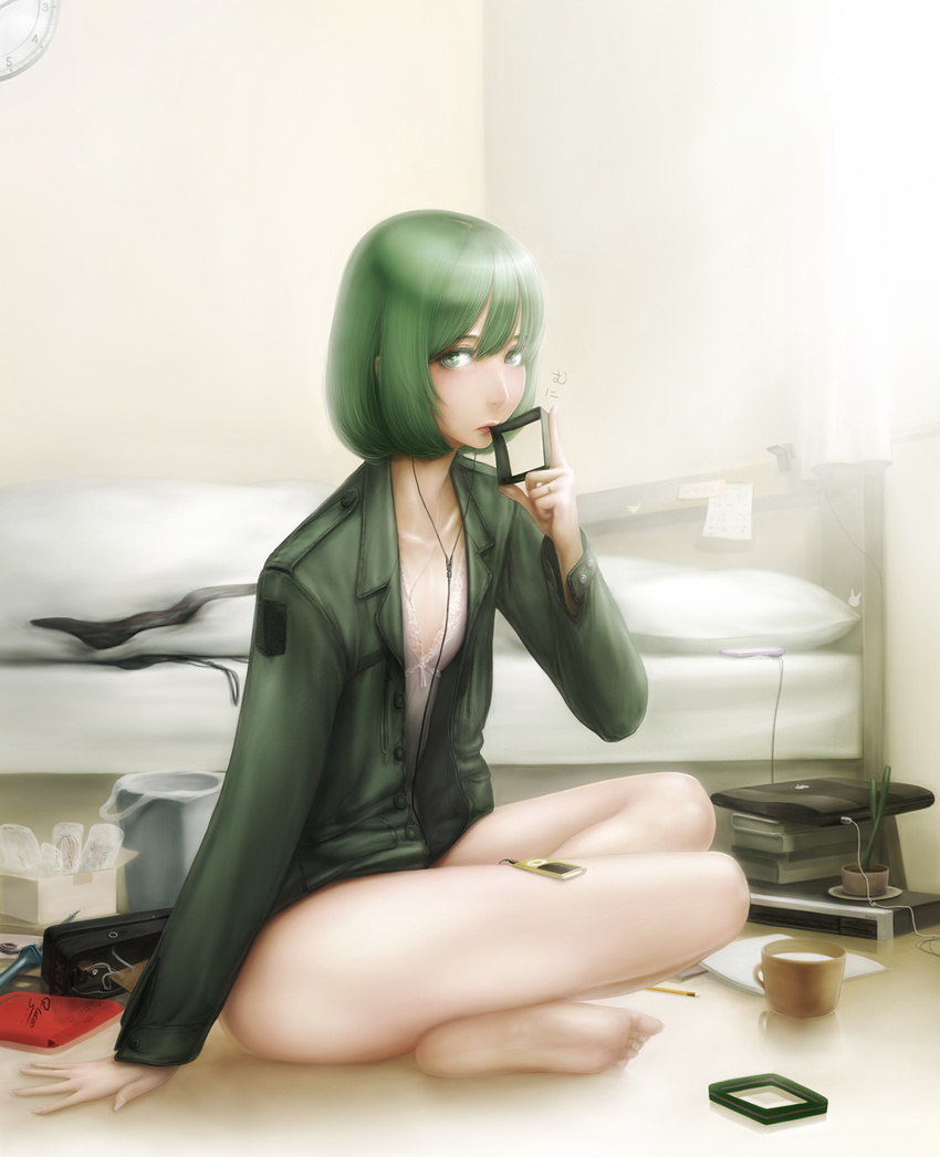 alternate_hair_length alternate_hairstyle aqua_eyes aqua_hair bangs bed bob_cut book_stack bottomless bra cable commentary_request computer crossed_legs cup digital_media_player earbuds earphones hatsune_miku highres jacket laptop long_sleeves looking_at_viewer mug nightgown plant potted_plant short_hair sitting solo takai underwear vocaloid