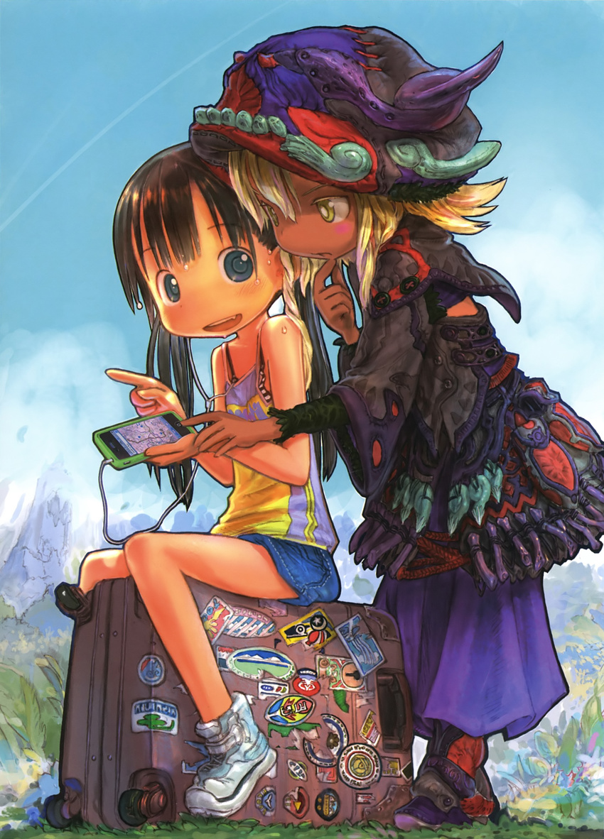 :d absurdres bare_shoulders black_hair blonde_hair blue_eyes blush cellphone dark_skin earphones grass hat highres holding iphone multiple_girls open_mouth original phone scan shorts sitting smartphone smile source_request suitcase sweat tsukushi_akihito twintails yellow_eyes