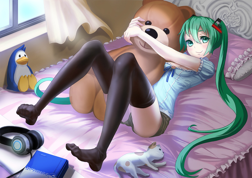 bad_id bad_pixiv_id bed bird book cat curtains green_eyes green_hair hatsune_miku headphones long_hair looking_at_viewer lying on_back penguin pillow shorts smile solo stuffed_animal stuffed_toy teddy_bear thighhighs tiaworks twintails very_long_hair vocaloid window
