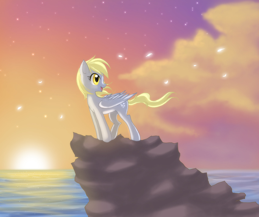 cloud clouds cutie_mark derpy_hooves_(mlp) equine female feral friendship_is_magic fur grey_fur hair horse jack-a-lynn looking_back mammal my_little_pony open_mouth outside pegasus pony sky solo stars sun water wings yellow_eyes