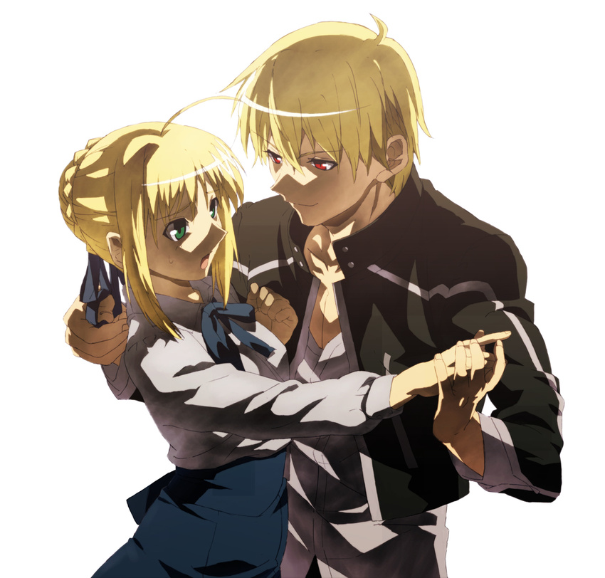 1girl ahoge artoria_pendragon_(all) blonde_hair casual couple doraiga-rei fate/stay_night fate_(series) gilgamesh green_eyes hair_ribbon hetero open_mouth red_eyes ribbon saber short_hair simple_background smile white_background