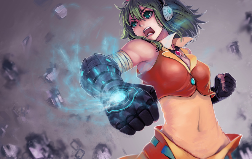 clenched_hands crop_top gloves green_eyes green_hair gumi midriff navel open_mouth short_hair sola7764 solo vocaloid