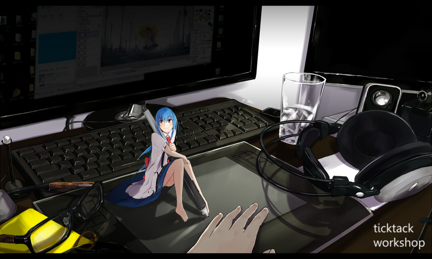 bad_id bad_pixiv_id blue_hair blush computer glasses hands headphones hinanawi_tenshi holding_stylus long_hair minigirl niconico screen short_hair sitting smile solo tablet tetsurou_(fe+) touhou