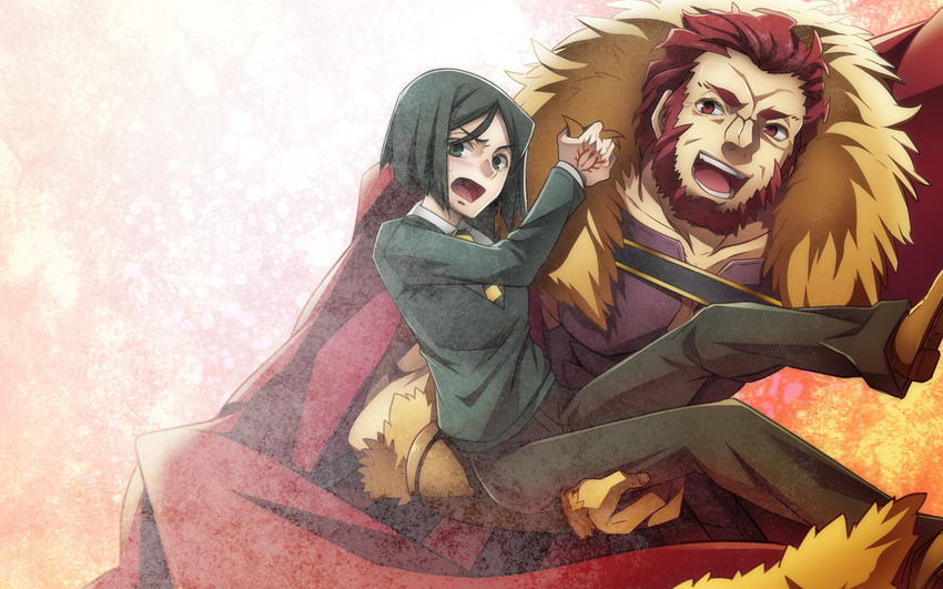 armor beard black_eyes black_hair bob_cut cape command_spell facial_hair fate/zero fate_(series) highres male_focus multiple_boys red_eyes red_hair rider_(fate/zero) unizo waver_velvet