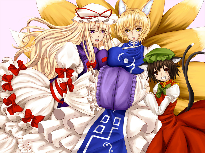 animal_ears blonde_hair bow breasts brown_eyes brown_hair cat_ears cat_tail chen dress fox_ears fox_tail grin hands_in_opposite_sleeves hat hat_ribbon highres jewelry large_breasts long_hair multiple_girls multiple_tails open_mouth purple_eyes ribbon short_hair single_earring smile tabard tail touhou untsue yakumo_ran yakumo_yukari yellow_eyes