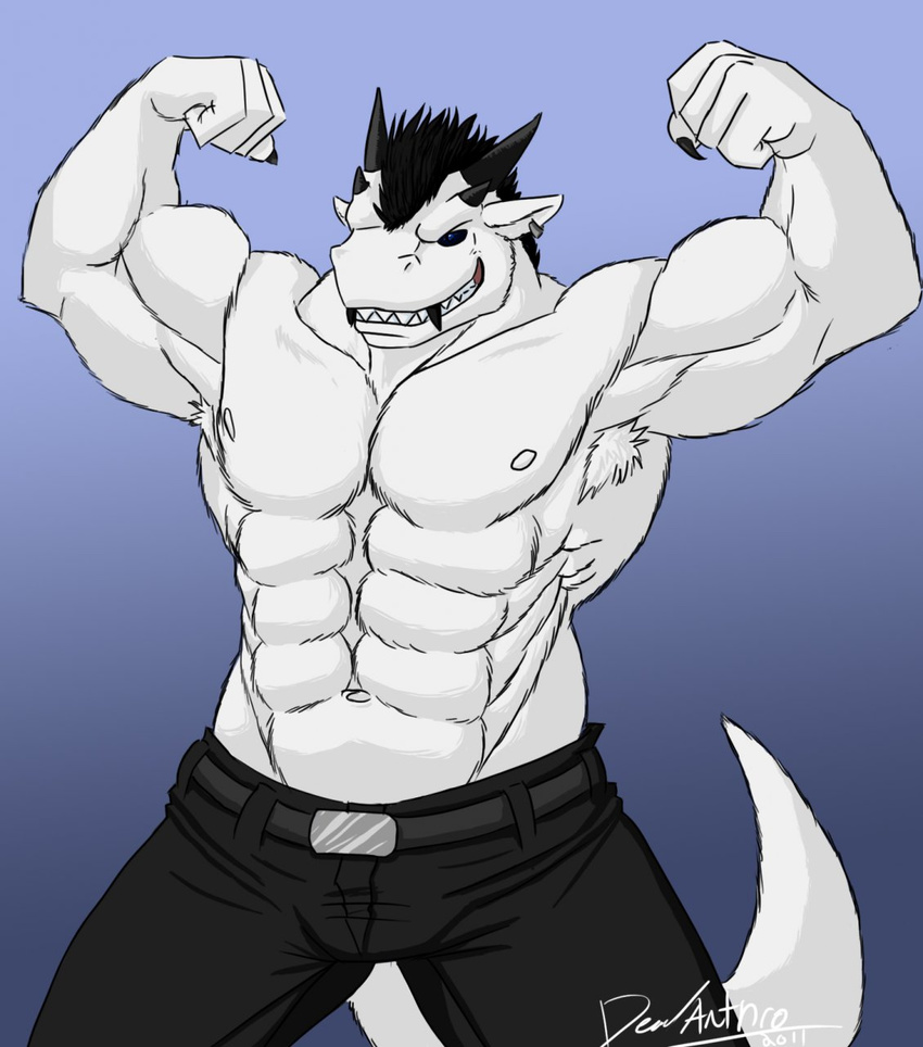 anthro armpits beefy belt biceps big big_muscles black_hair black_horns blue_eyes bulge claws clothed clothing drake drake_(species) ear_piercing ear_ring fangs flexing fur grin hair half-dressed handsome horn invalid_tag looking_at_viewer male muscles nipples pants pecs piercing pose smile solo standing teeth toned topless white_fur wolfthings xxzerkkandragonxx zerk