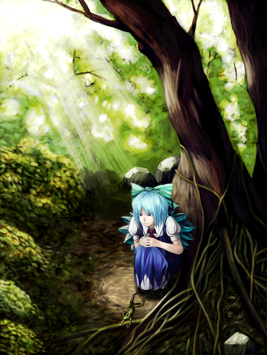 cirno curious forest frog highres mmm_(mikito) nature sitting solo touhou tree