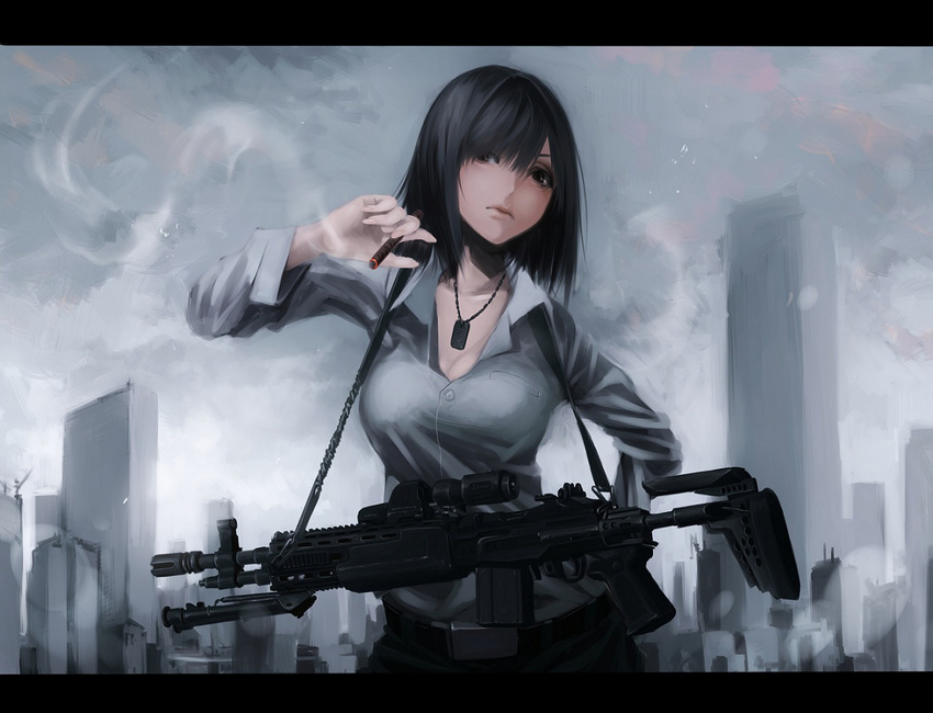 1girl battle_rifle belt black_hair breasts building cigar city cleavage dog_tags gun holding letterboxed lips looking_at_viewer m14 mk_14_mod_0_ebr mk_14_rifle original rifle shirt skyscraper sling smoke solo taut_clothes taut_shirt terabyte_(rook777) weapon white_shirt