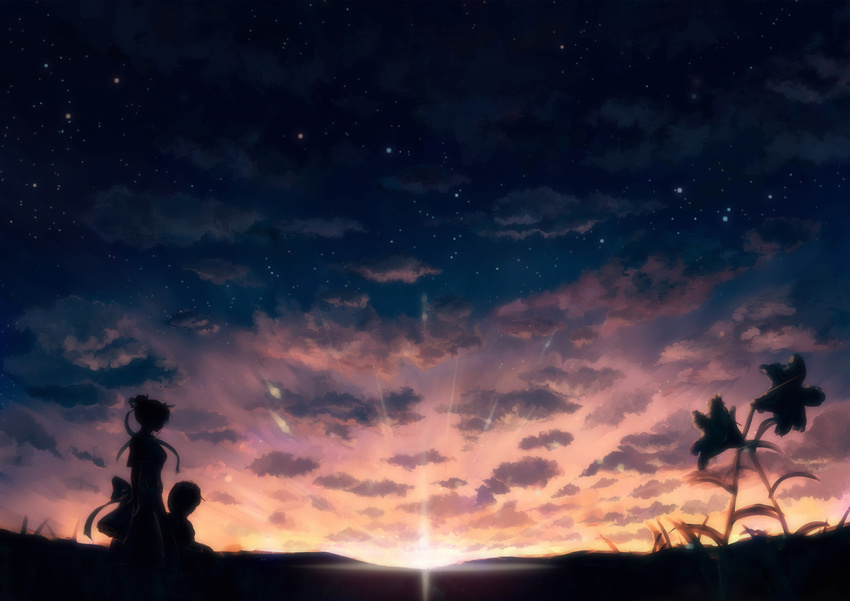 cloud flower highres jakku multiple_girls night original revision silhouette sitting standing star_(sky) sunset